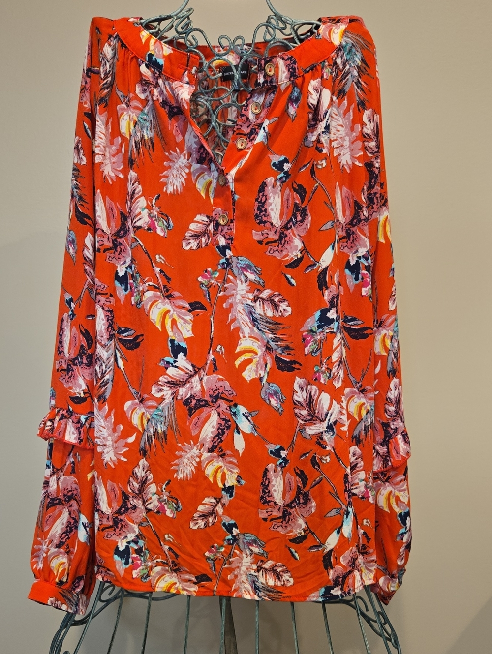 Buckle Black Floral Long Sleeve Top - Orange